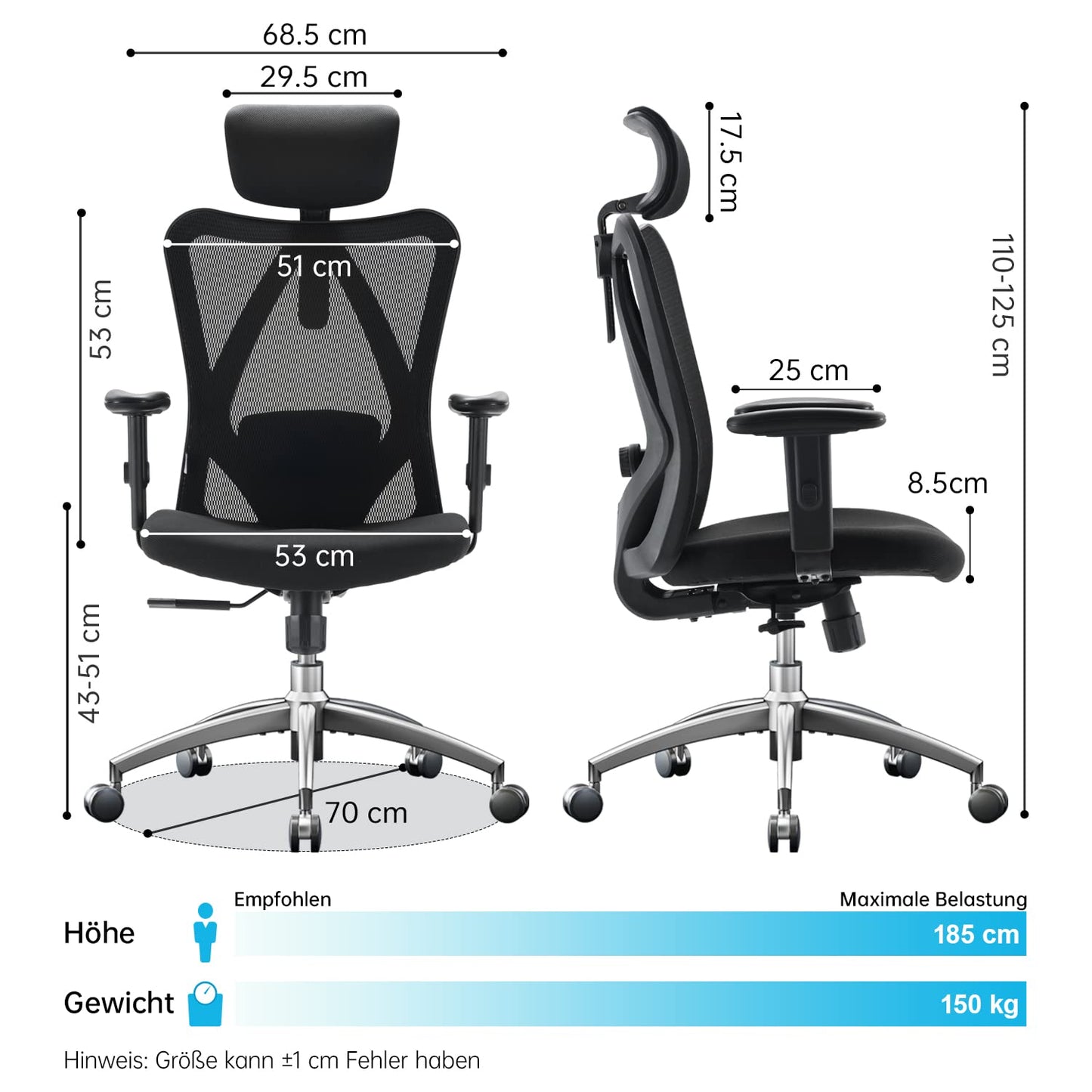 SIHOO Ergonomischer Bürostuhl mit Lordosenstütze, bis 150 kg