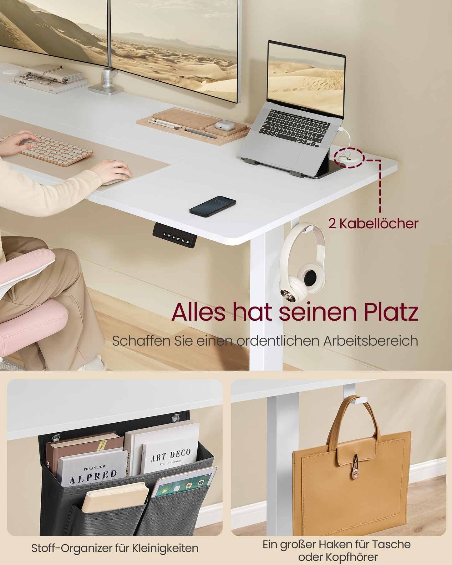 SONGMICS Elektrischer Schreibtisch 180x80 cm, höhenverstellbar