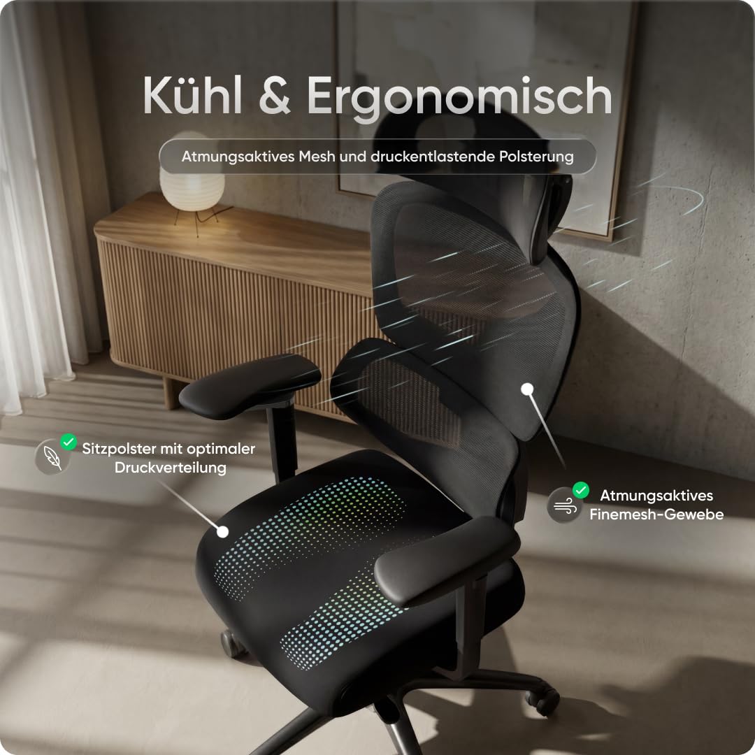 DESKSPACE Move Pro Bürostuhl 150kg – Lordosenstütze, höhenverstellbar