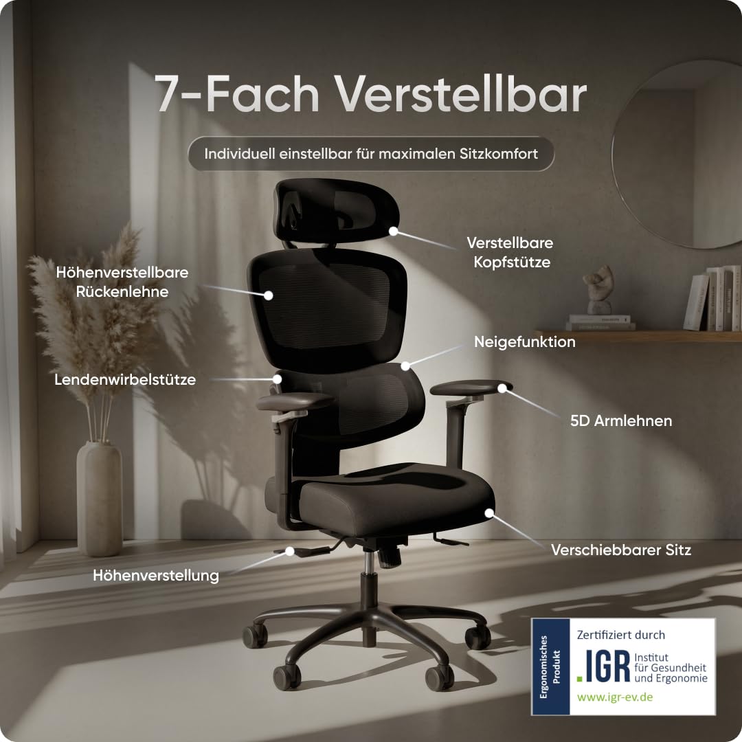 DESKSPACE Move Pro Bürostuhl 150kg – Lordosenstütze, höhenverstellbar