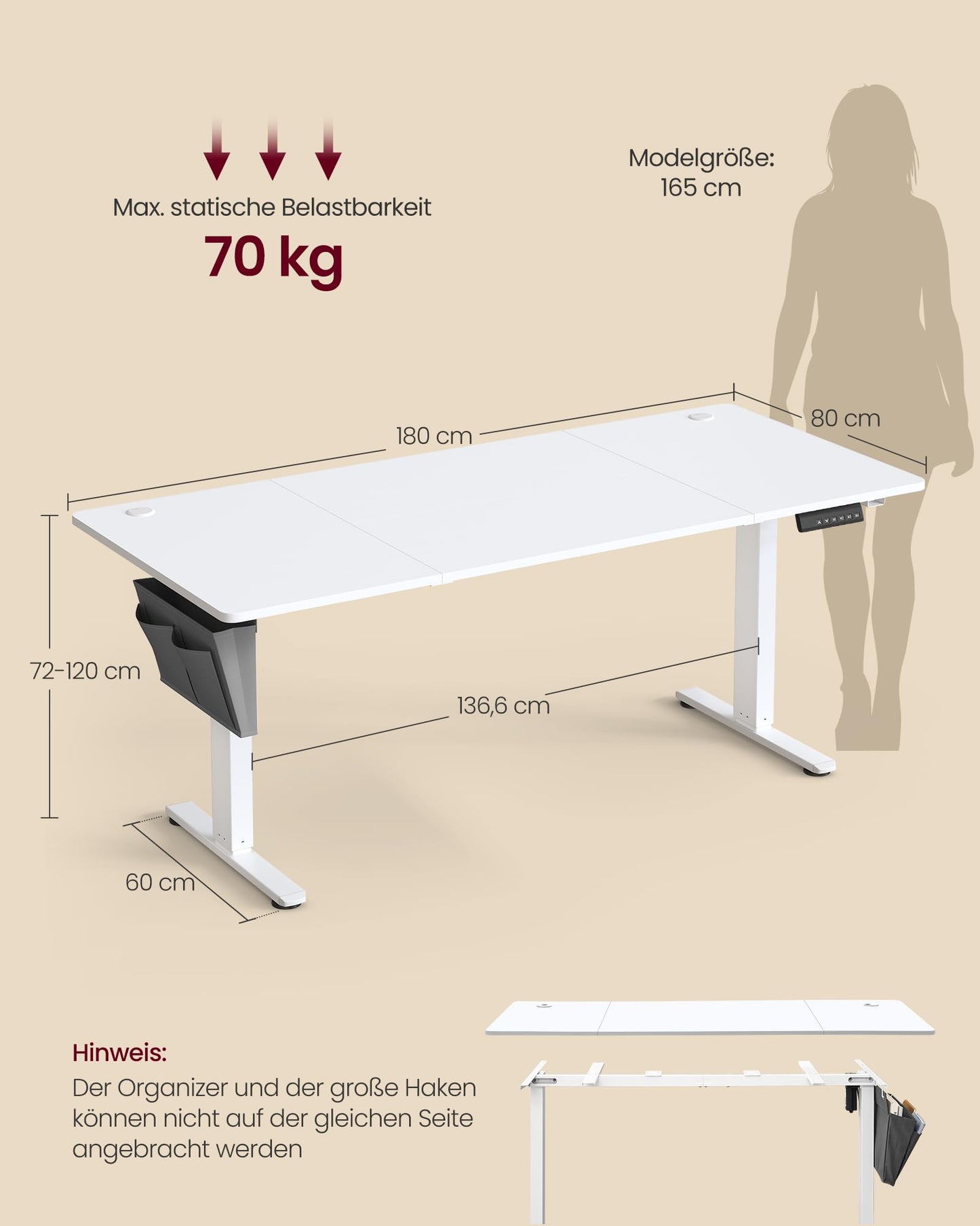 SONGMICS Elektrischer Schreibtisch 180x80 cm, höhenverstellbar