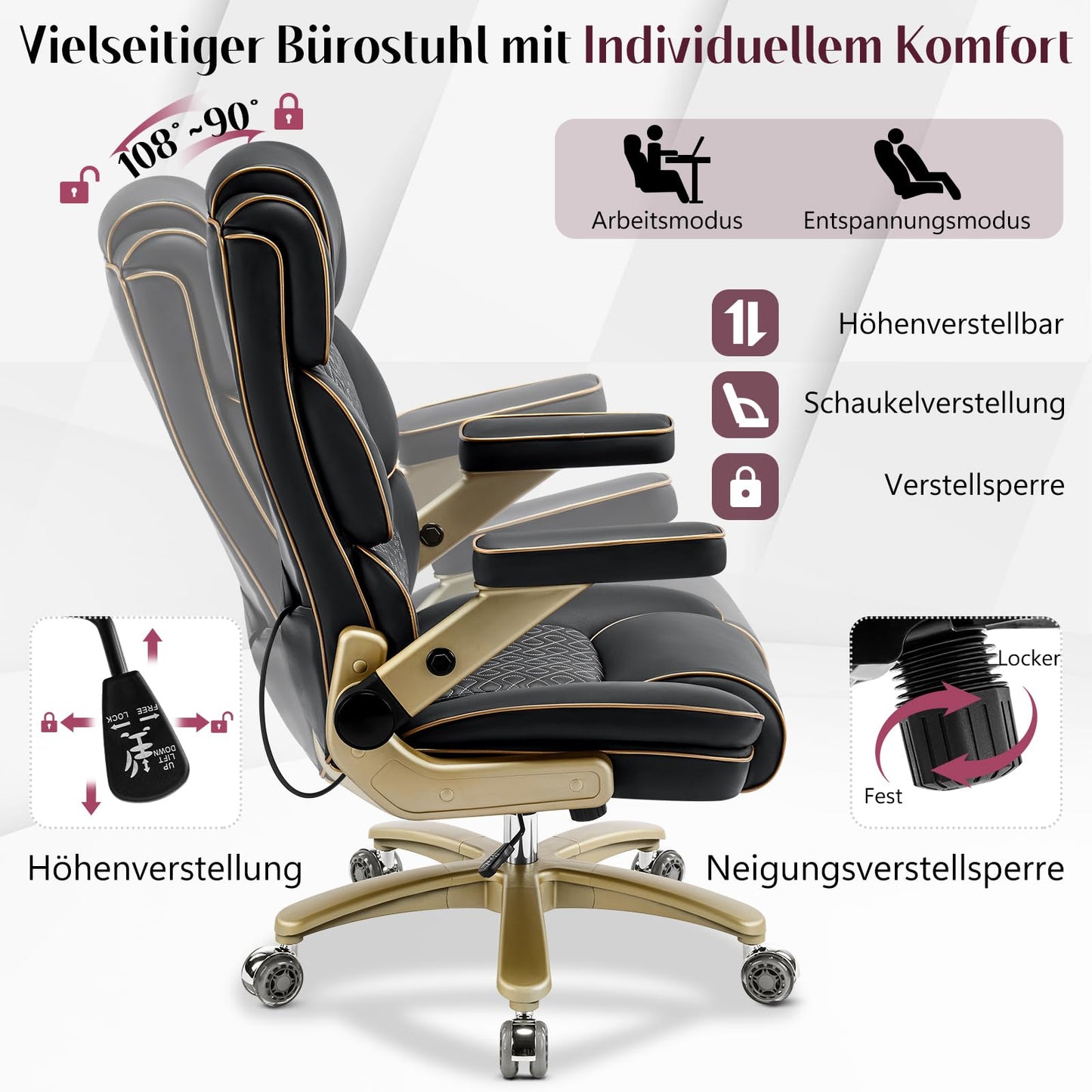 Hellove Chefsessel 230kg – Leder, 5D Armlehnen, Lendenstütze