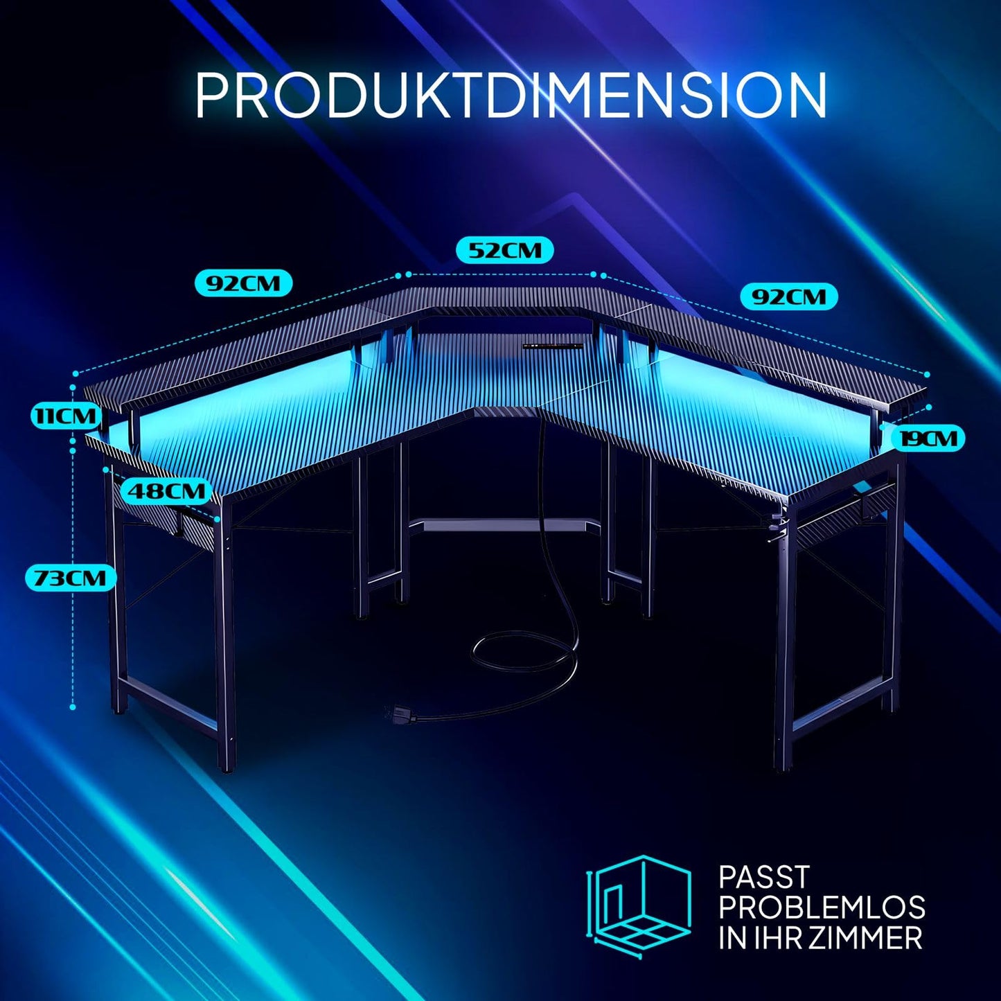 Lugia Gaming Schreibtisch L-Form 130x78 cm, RGB LED, USB, Schwarz