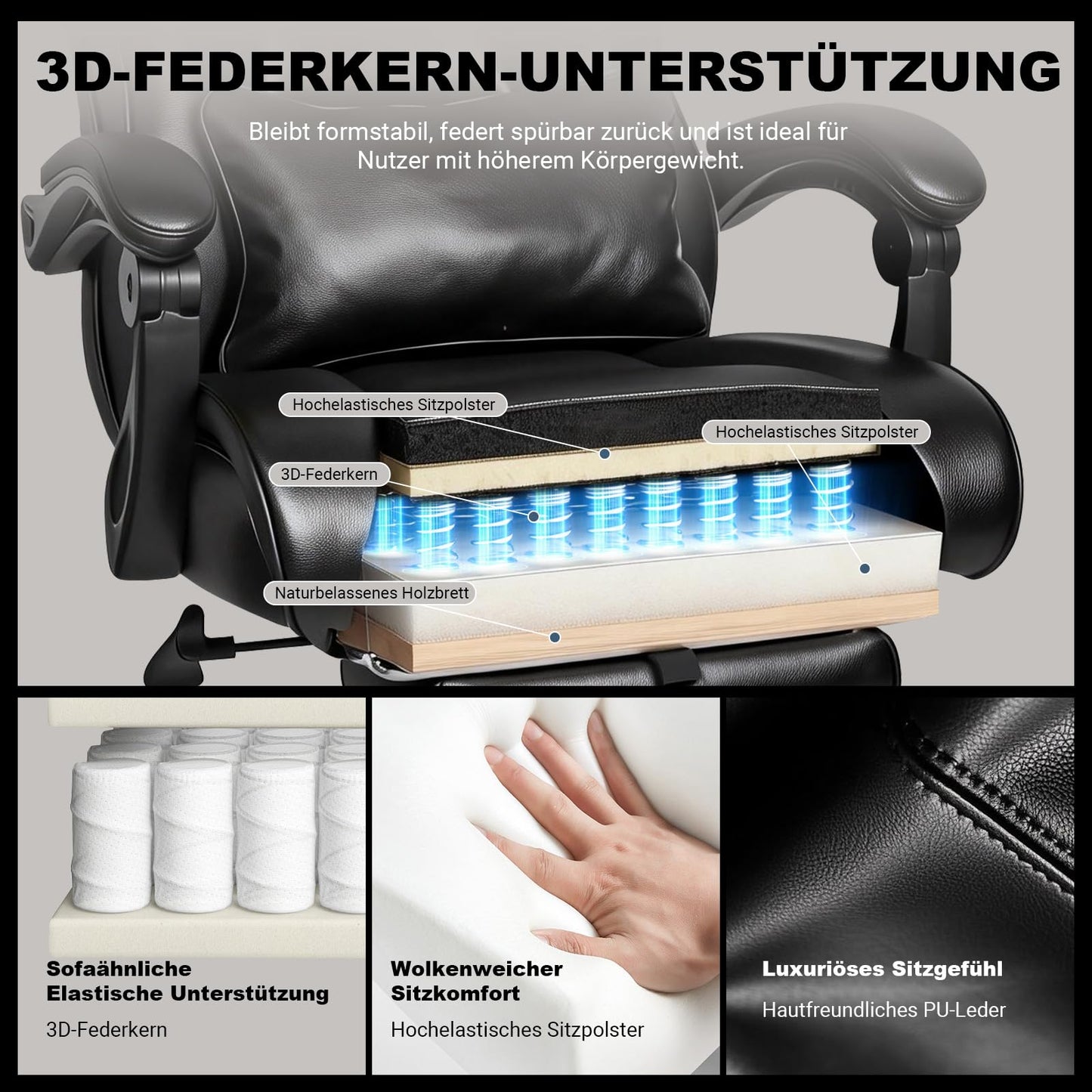 BASETBL Bürostuhl 200kg – 3D Armlehnen, Lendenstütze, EN12520