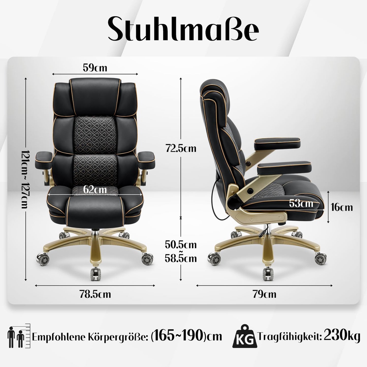 Hellove Chefsessel 230kg – Leder, 5D Armlehnen, Lendenstütze