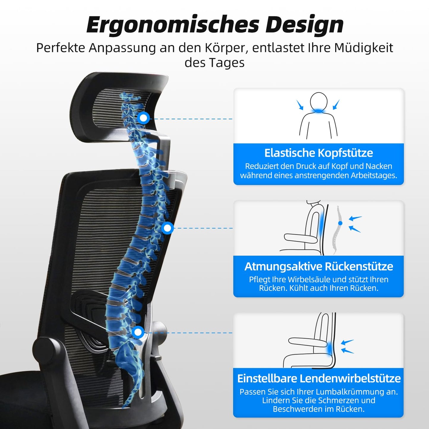 Daccormax Bürostuhl Mesh 150kg – Kopfstütze, Wippfunktion 135°