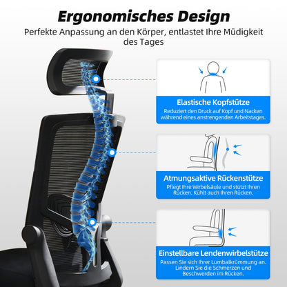 Daccormax Bürostuhl Mesh 150kg – Kopfstütze, Wippfunktion 135°