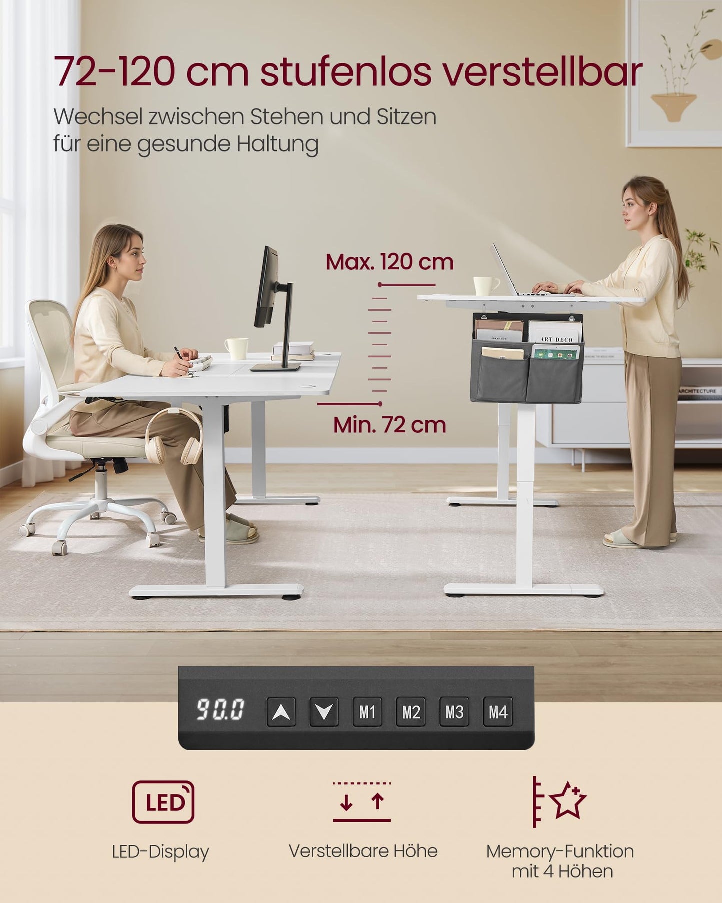 SONGMICS Elektrischer Schreibtisch 180x80 cm, höhenverstellbar