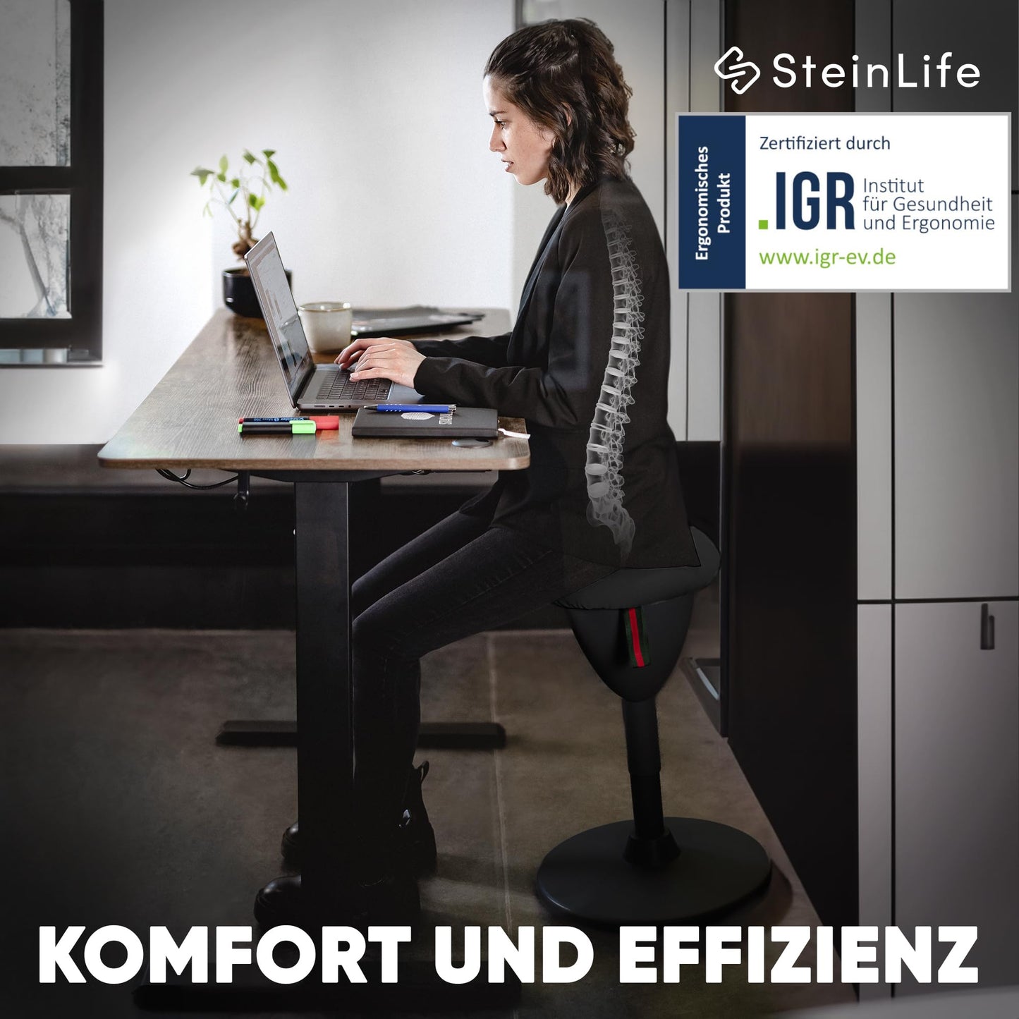SteinLife Ergonomischer Bürohocker Höhenverstellbar 48–68 cm