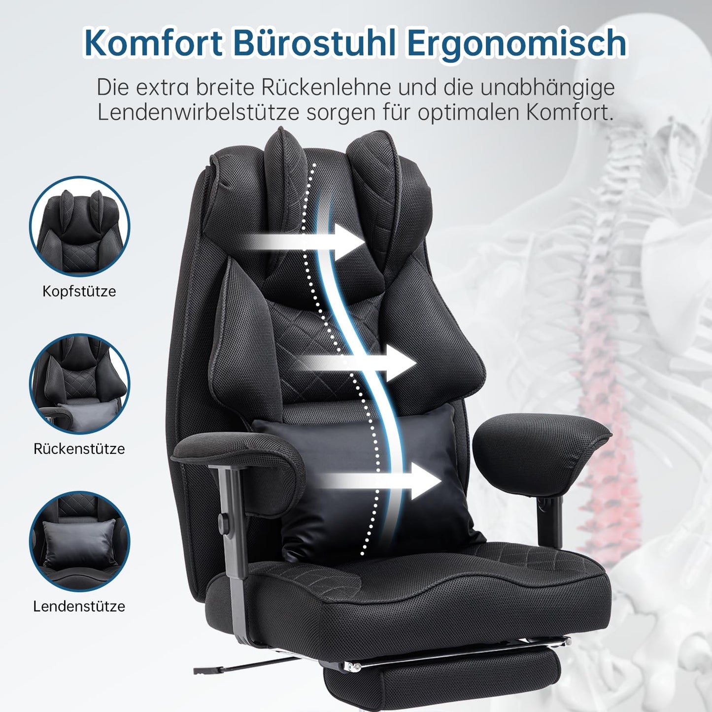 Asukale Ergonomischer Bürostuhl XXL 200kg – Mesh, Fußstütze