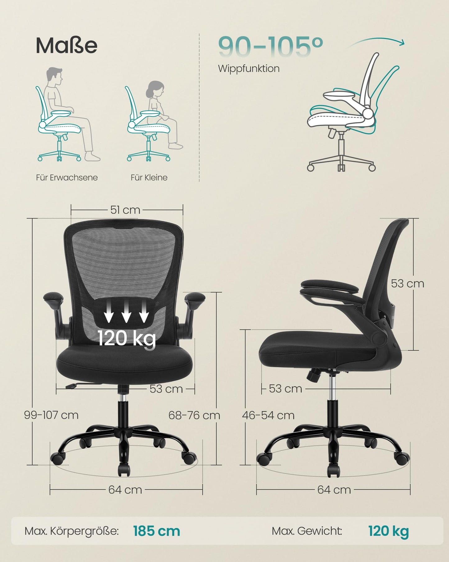 SONGMICS Ergonomischer Bürostuhl mit Mesh & Kopfstütze