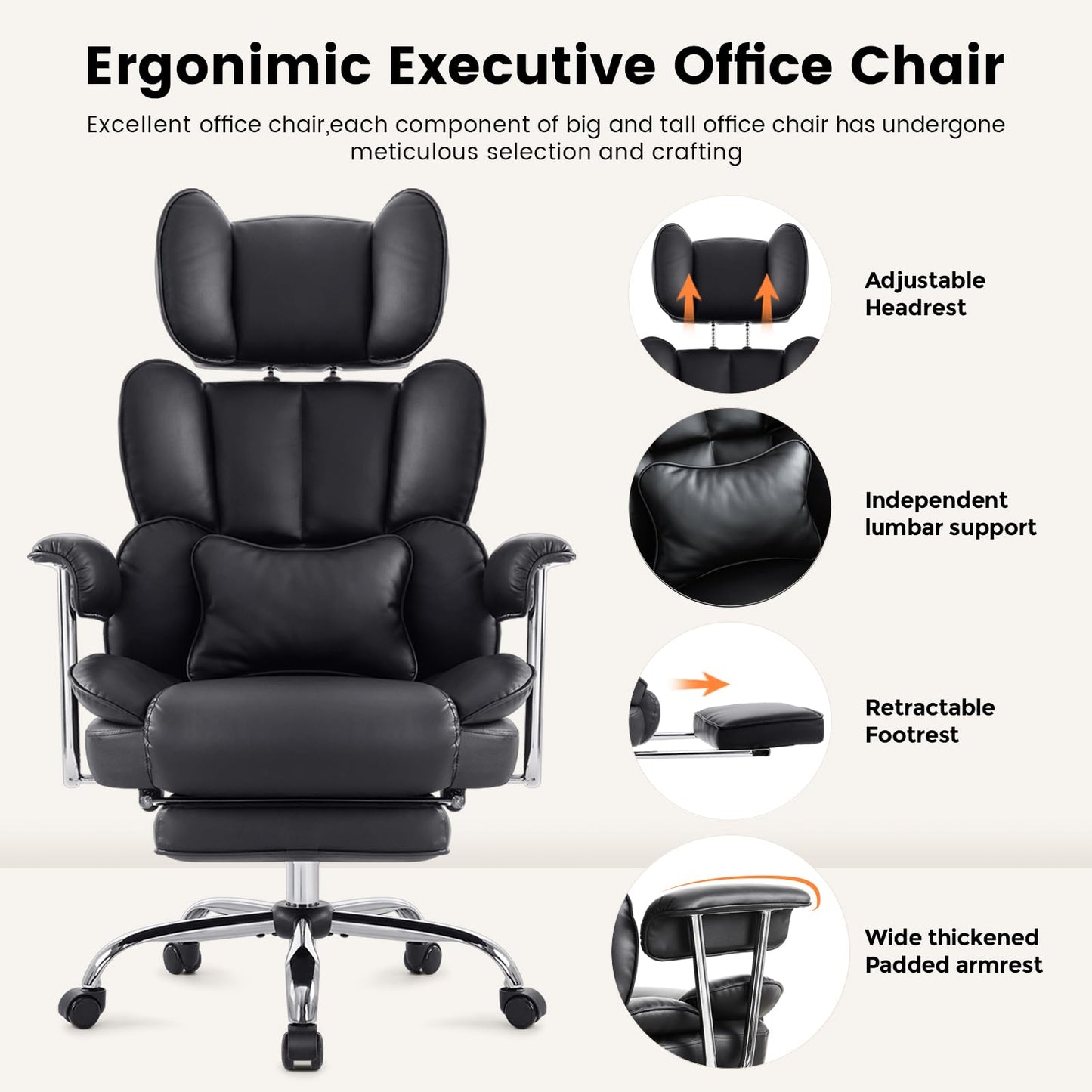 IWMH Ergonomischer Bürostuhl XXL 200 kg, PU-Leder, Kopf- & Fußstütze