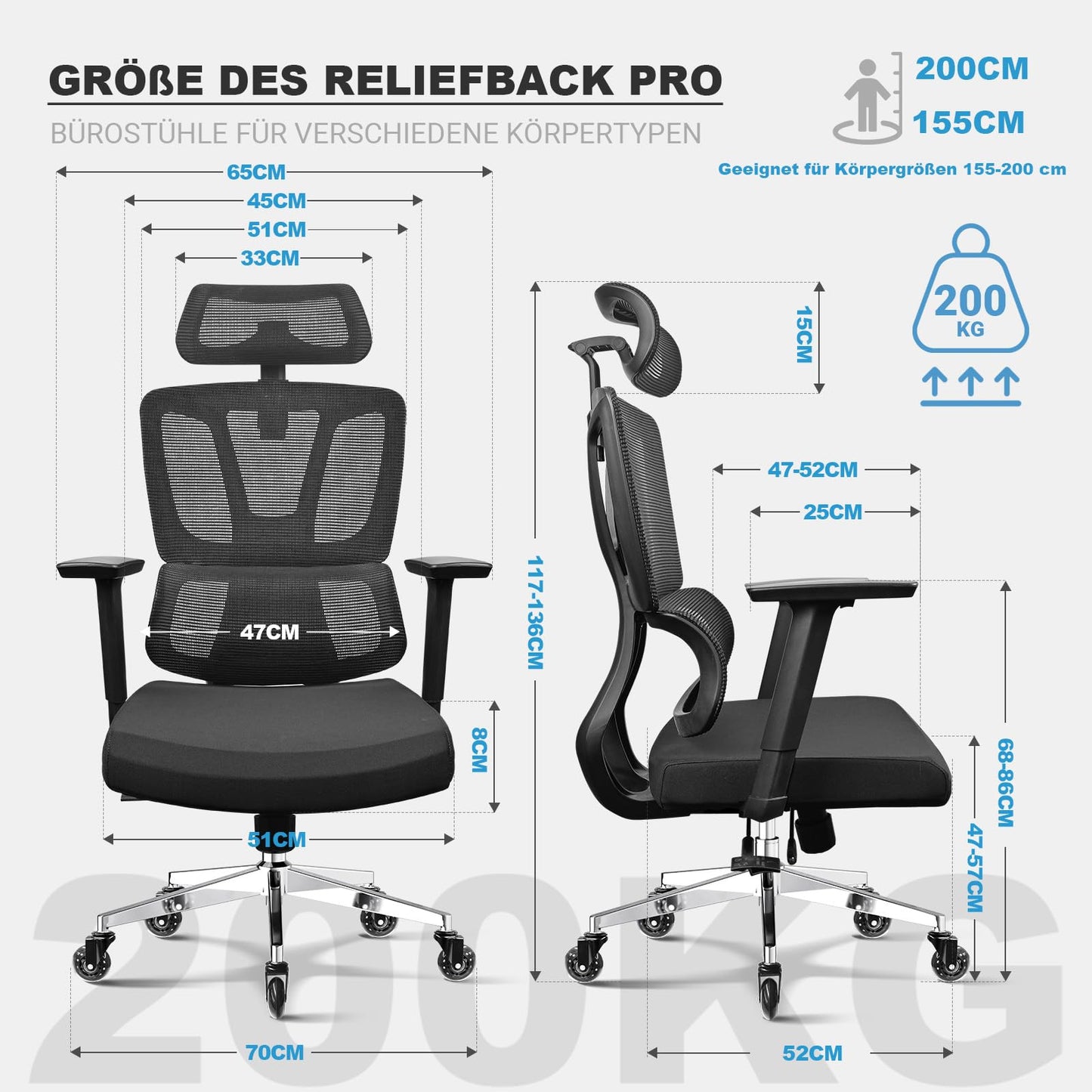 MELOKEA Ergonomischer Bürostuhl 200 kg, 4D-Armlehnen, 3D-Kopfstütze