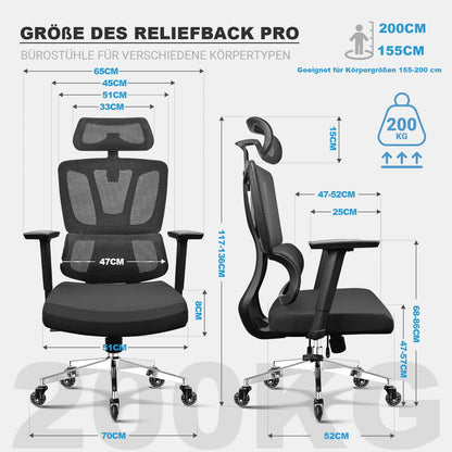 MELOKEA Ergonomischer Bürostuhl 200 kg, 4D-Armlehnen, 3D-Kopfstütze