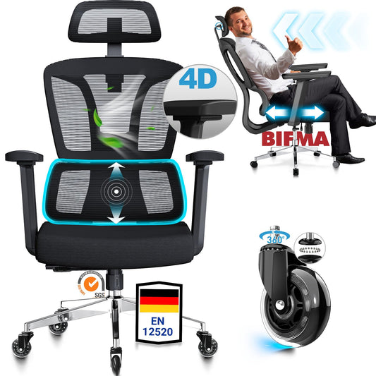 MELOKEA Ergonomischer Bürostuhl 200 kg, 4D-Armlehnen, 3D-Kopfstütze