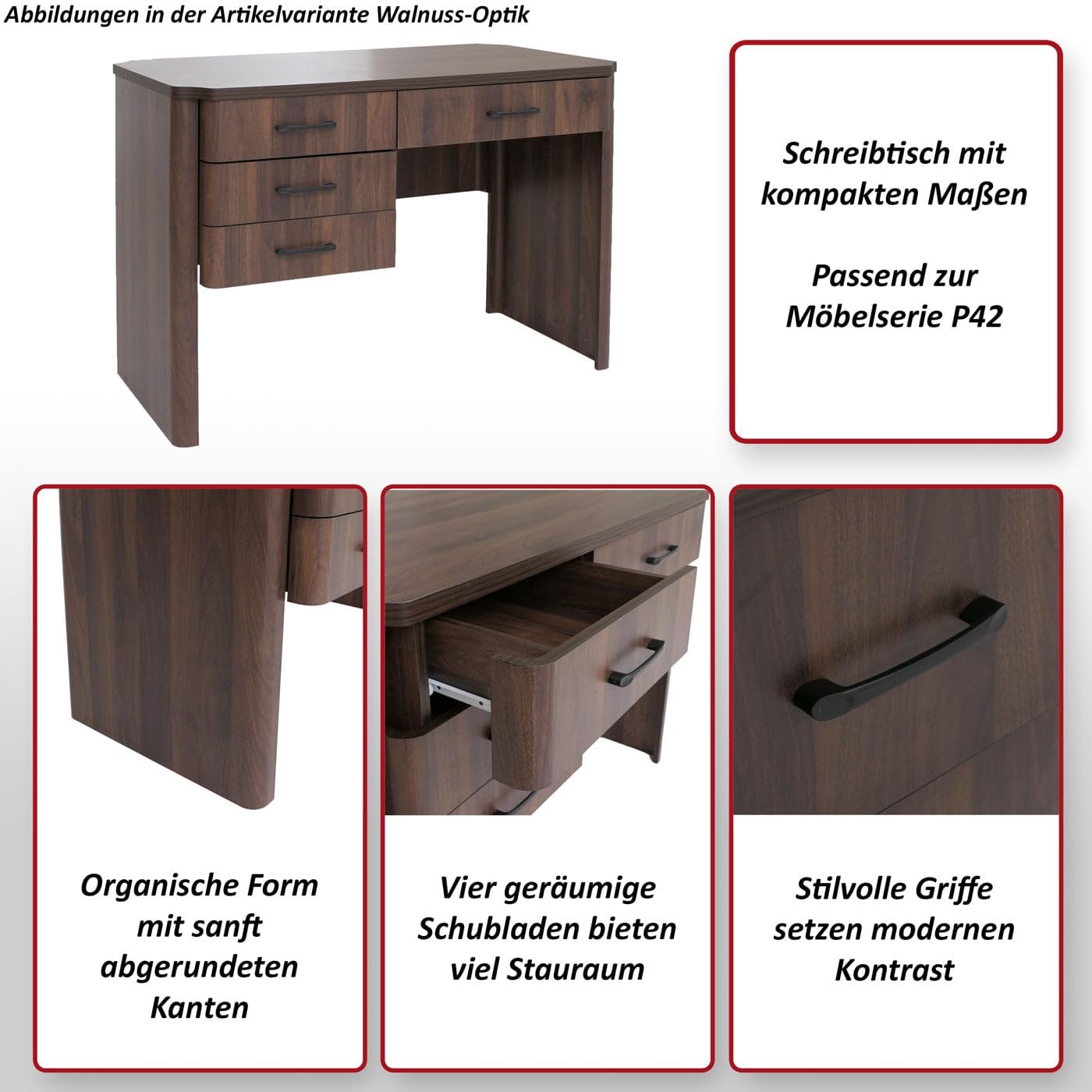Mendler Schreibtisch HWC-P42, 4 Schubladen, 110x60 cm, Wotan-Eiche