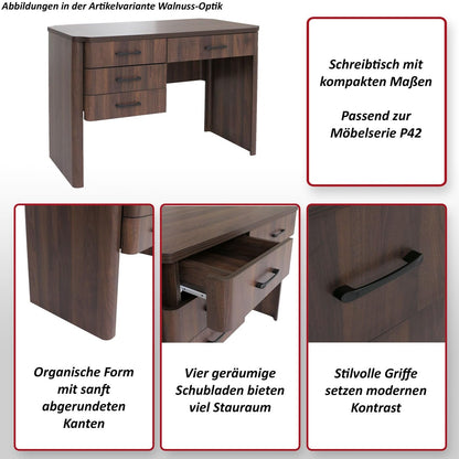 Mendler Schreibtisch HWC-P42, 4 Schubladen, 110x60 cm, Wotan-Eiche