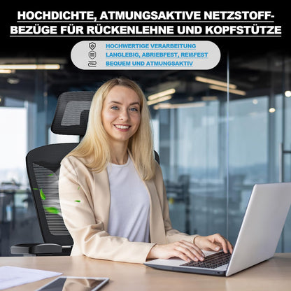 MELOKEA Ergonomischer Bürostuhl 200 kg, 4D-Armlehnen, 3D-Kopfstütze
