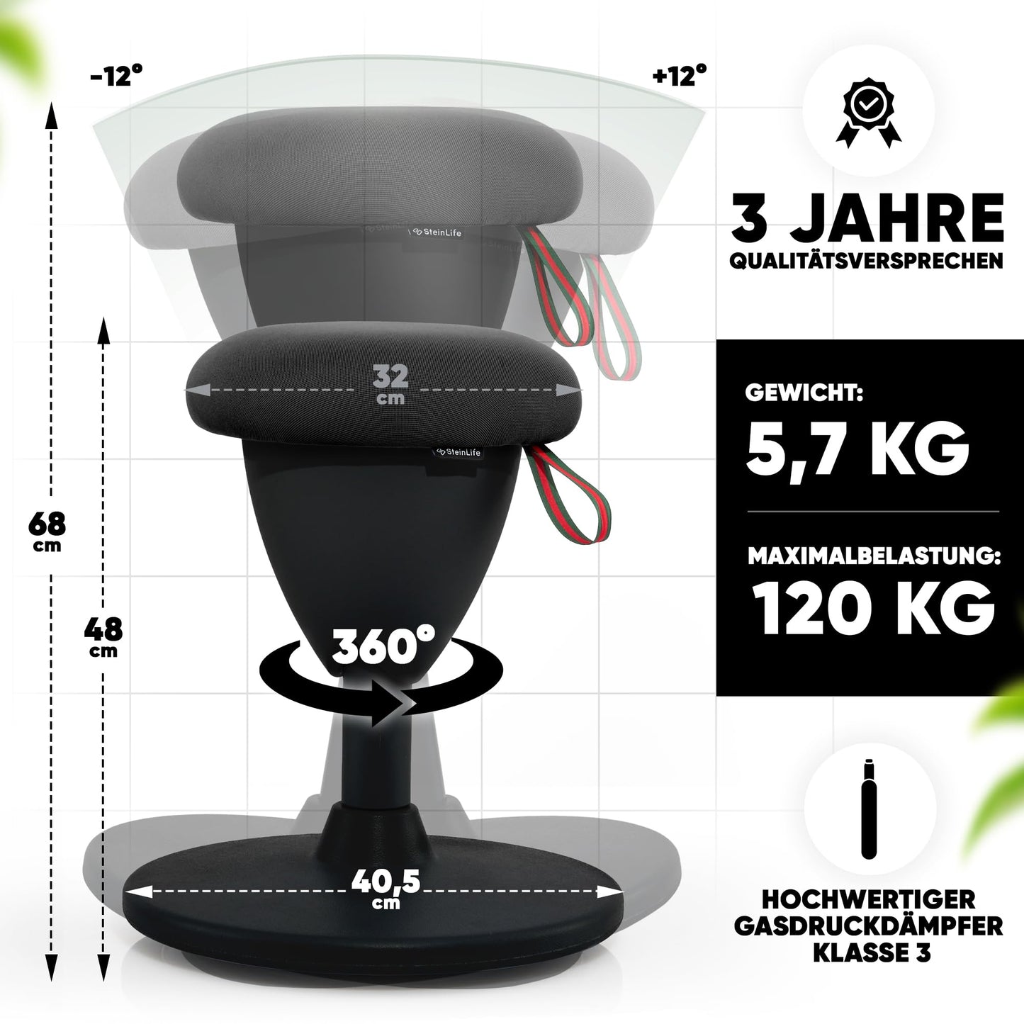 SteinLife Ergonomischer Bürohocker Höhenverstellbar 48–68 cm