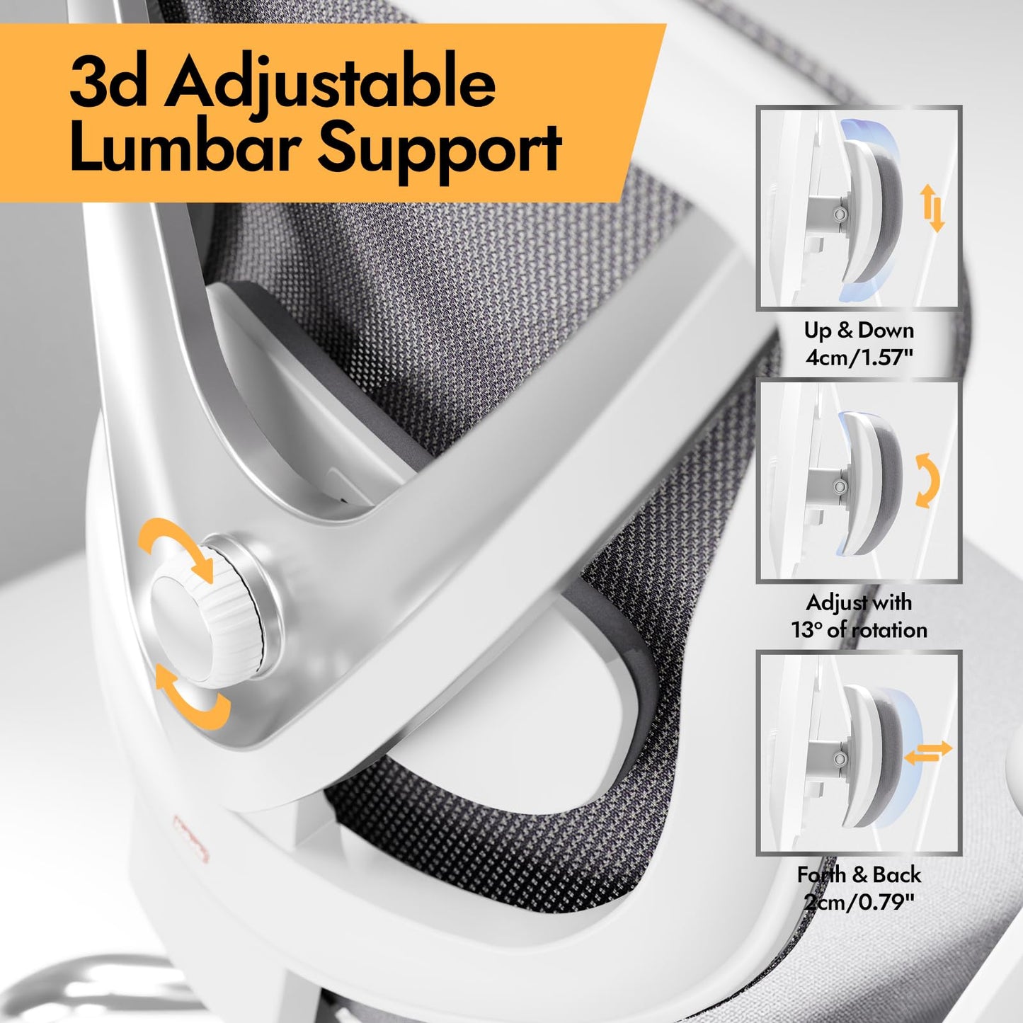 HOLLUDLE Ergonomischer Bürostuhl, 3D-Lendenstütze, 3D-Armlehnen, Weiß
