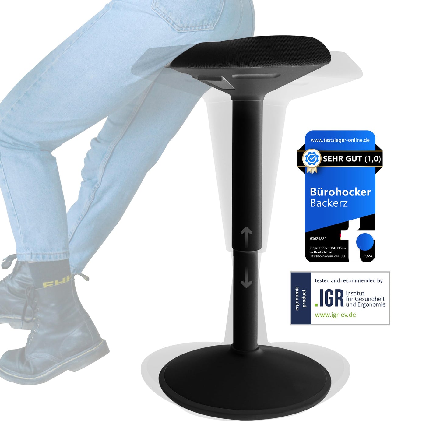 Ergonomischer Bürohocker höhenverstellbar 55–80 cm – Mattschwarz