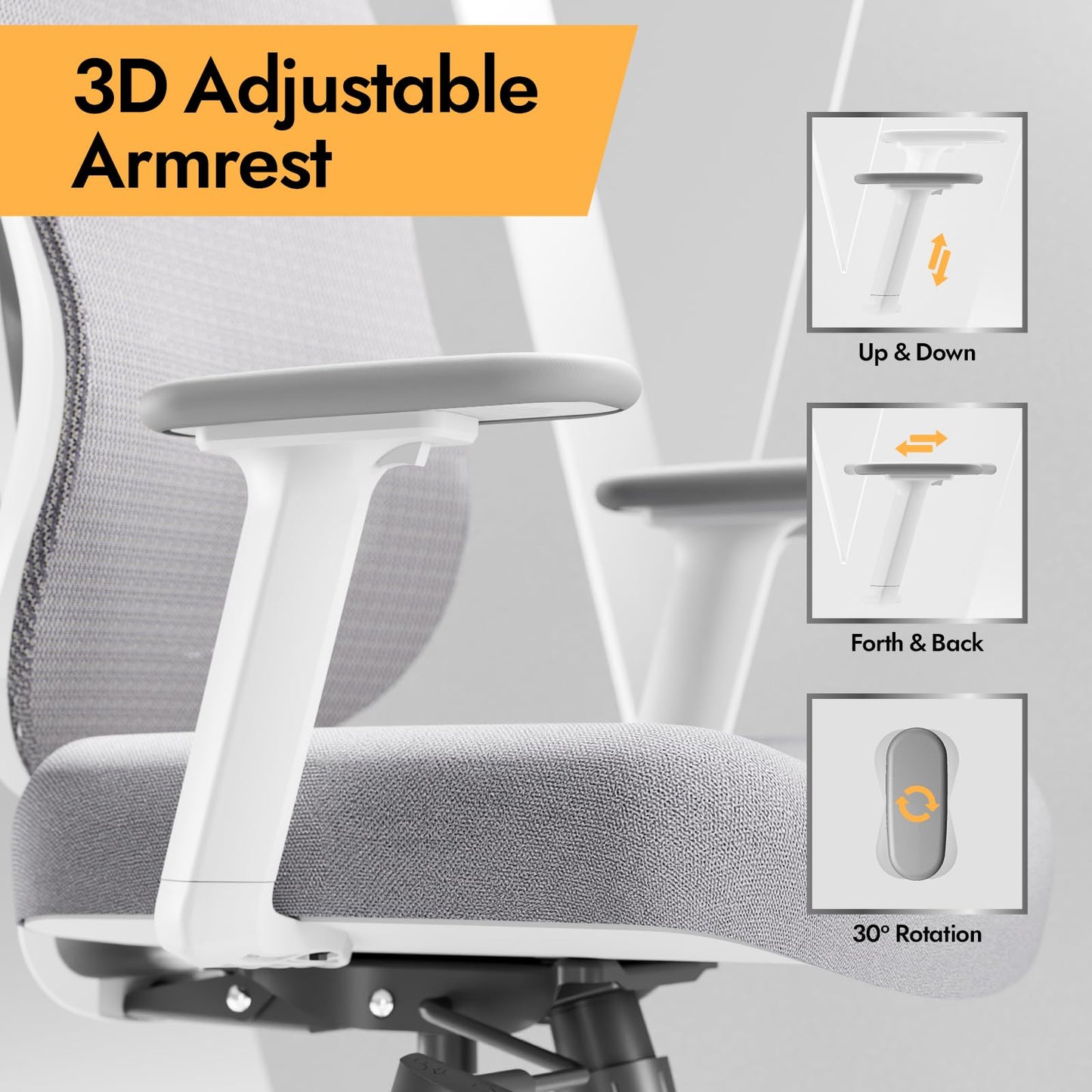 HOLLUDLE Ergonomischer Bürostuhl, 3D-Lendenstütze, 3D-Armlehnen, Weiß