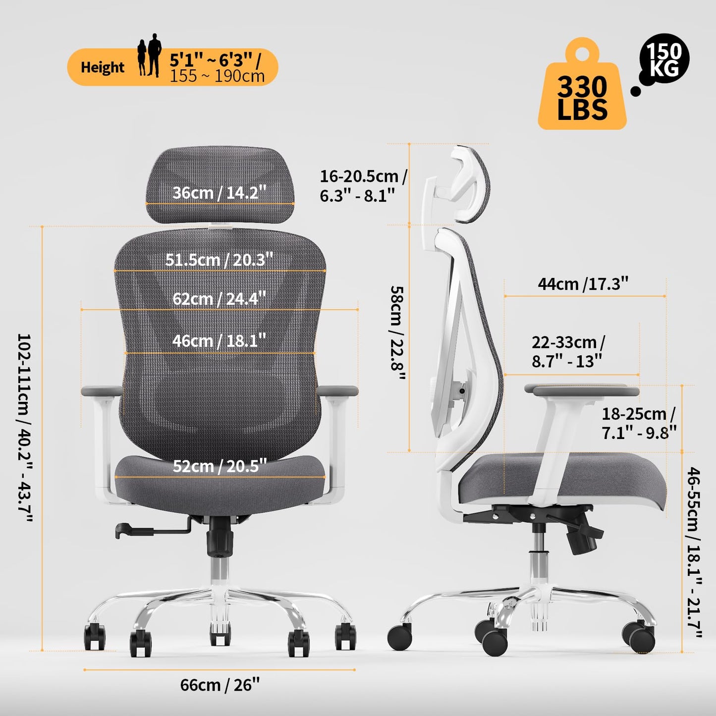 HOLLUDLE Ergonomischer Bürostuhl, 3D-Lendenstütze, 3D-Armlehnen, Weiß