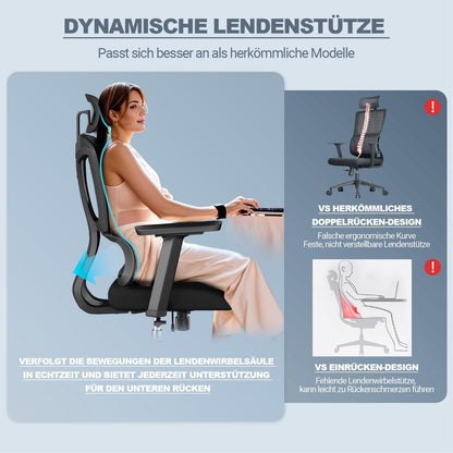 MELOKEA Ergonomischer Bürostuhl 200 kg, 4D-Armlehnen, 3D-Kopfstütze