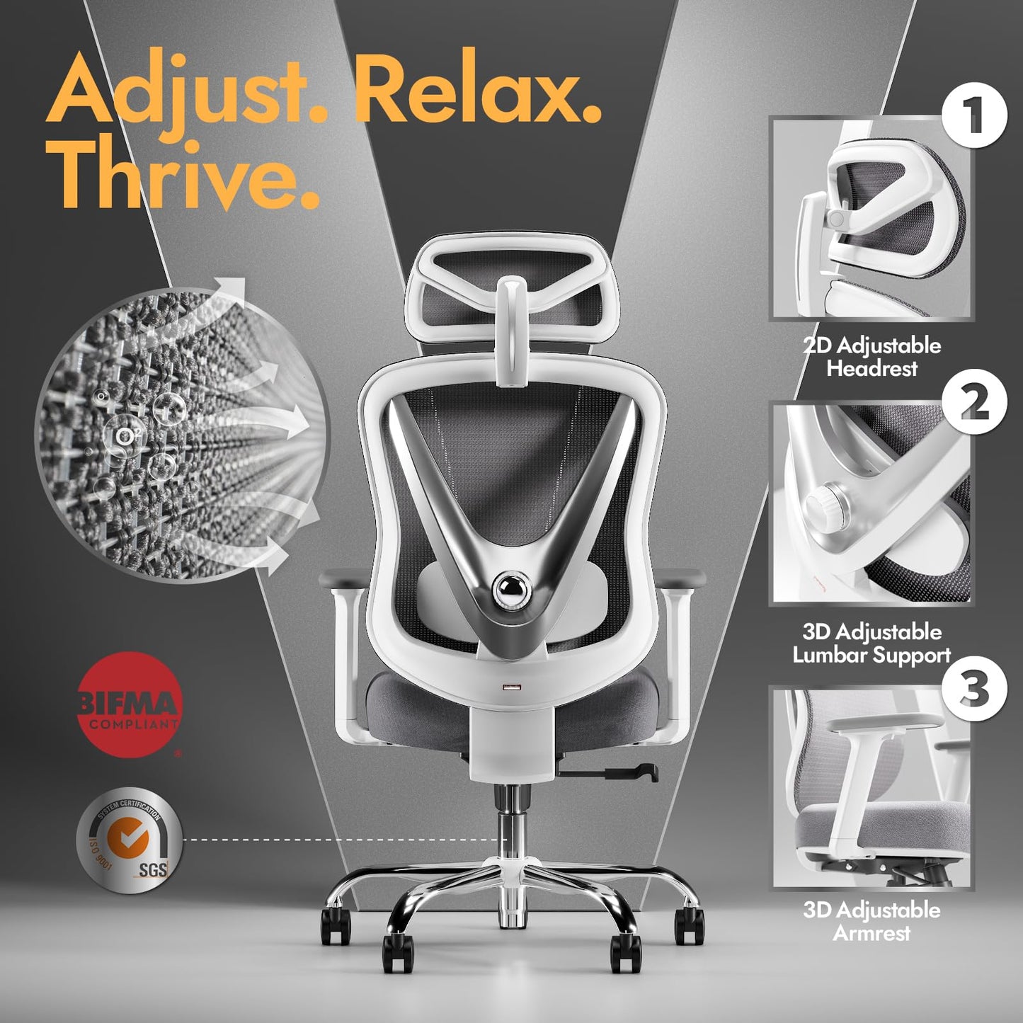 HOLLUDLE Ergonomischer Bürostuhl, 3D-Lendenstütze, 3D-Armlehnen, Weiß