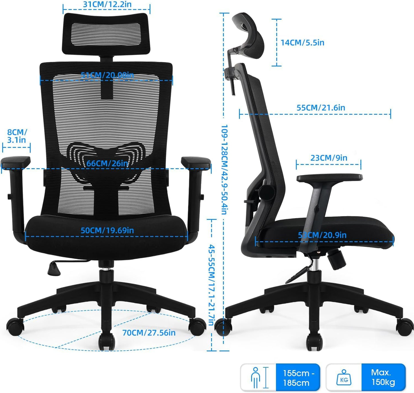Daccormax Bürostuhl Mesh 150kg – Kopfstütze, Wippfunktion 135°
