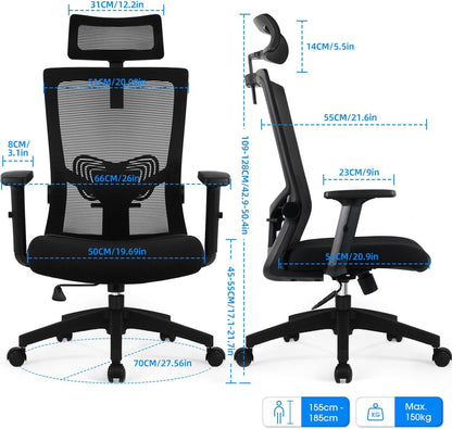 Daccormax Bürostuhl Mesh 150kg – Kopfstütze, Wippfunktion 135°