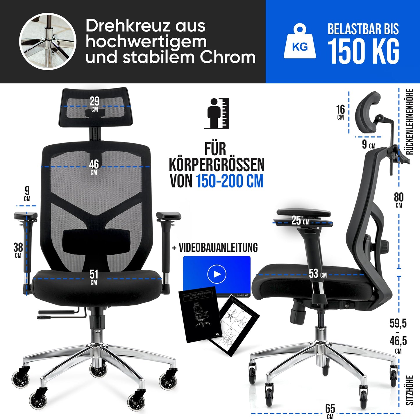 ELITESEATS Ergonomischer Bürostuhl – Atmungsaktiv, 150 kg