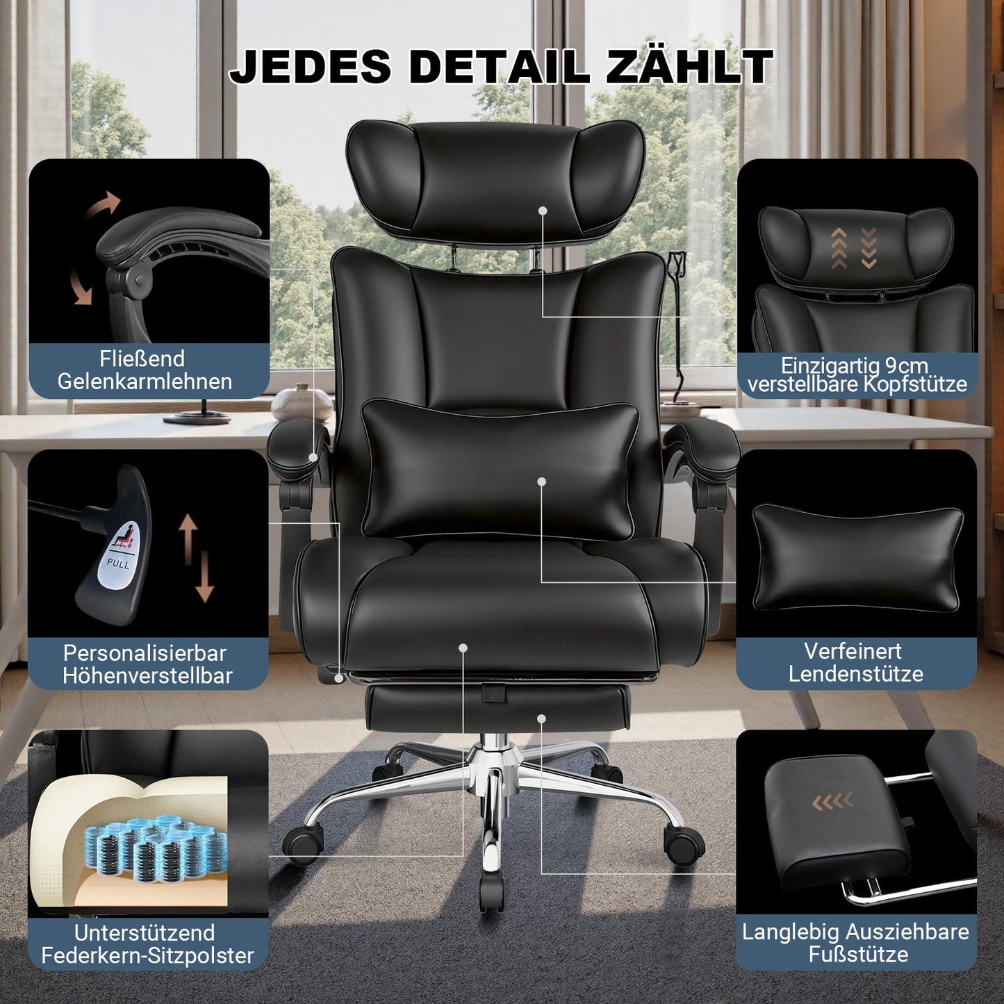 BASETBL Bürostuhl 200kg – 3D Armlehnen, Lendenstütze, EN12520