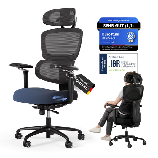 DESKSPACE Move Pro Bürostuhl 150kg – Lordosenstütze, höhenverstellbar