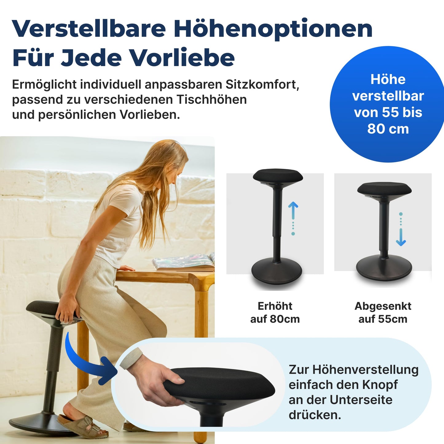 Ergonomischer Bürohocker höhenverstellbar 55–80 cm – Mattschwarz