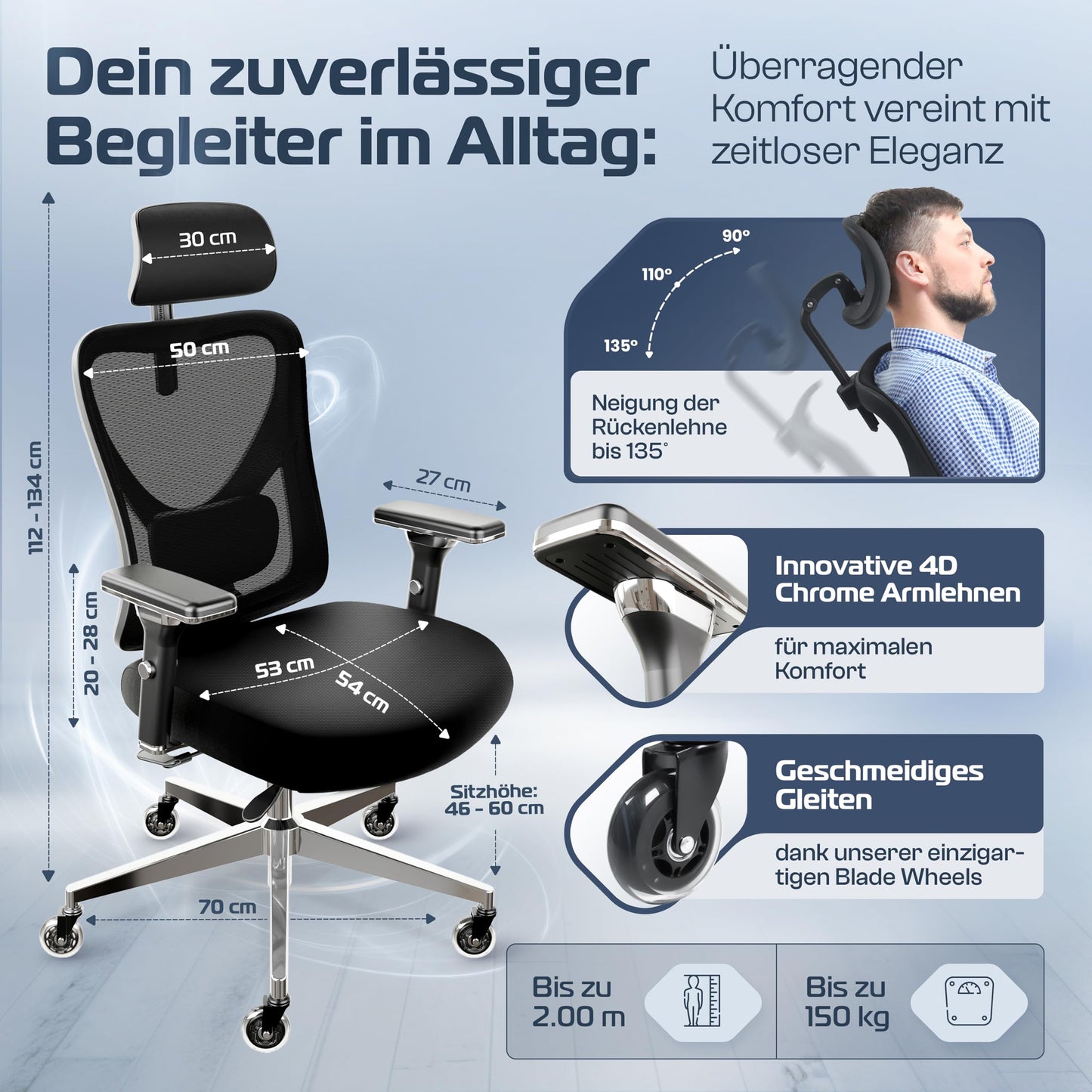 CLOUVOU CleverSeat Bürostuhl 150kg – Ergonomisch, 4D Armlehnen