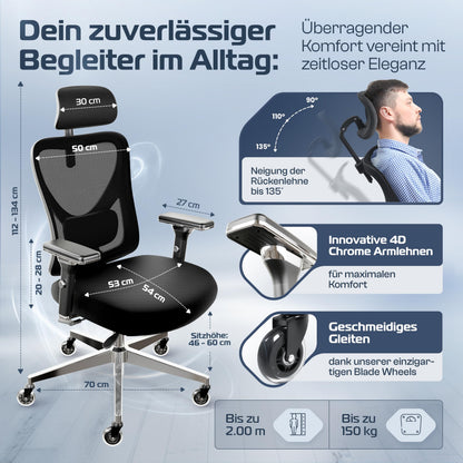 CLOUVOU CleverSeat Bürostuhl 150kg – Ergonomisch, 4D Armlehnen