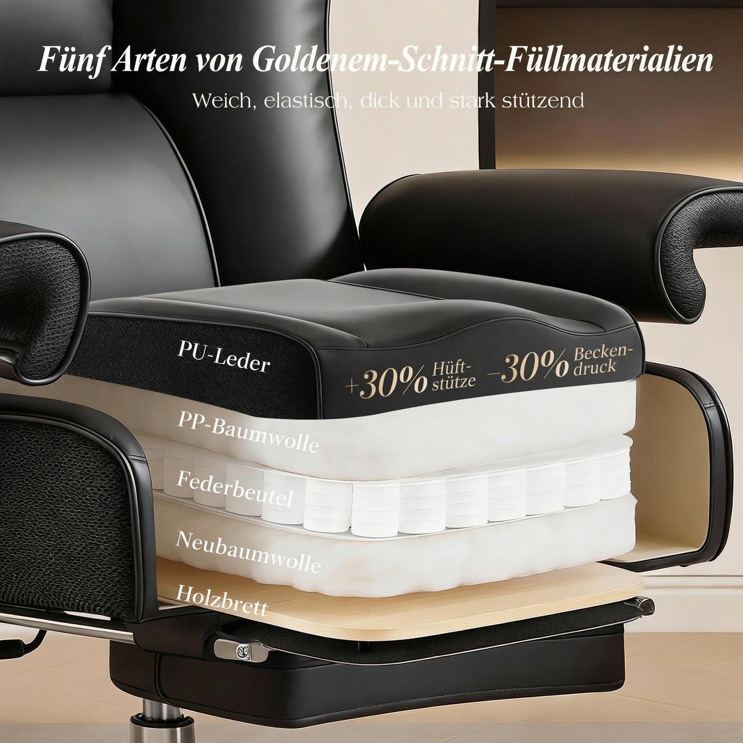 Efomao Chefsessel Ergonomisch PU-Leder mit Fußstütze bis 200 kg