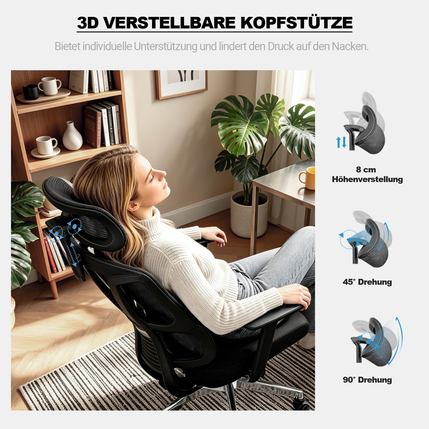 MELOKEA Ergonomischer Bürostuhl 200 kg, 4D-Armlehnen, 3D-Kopfstütze