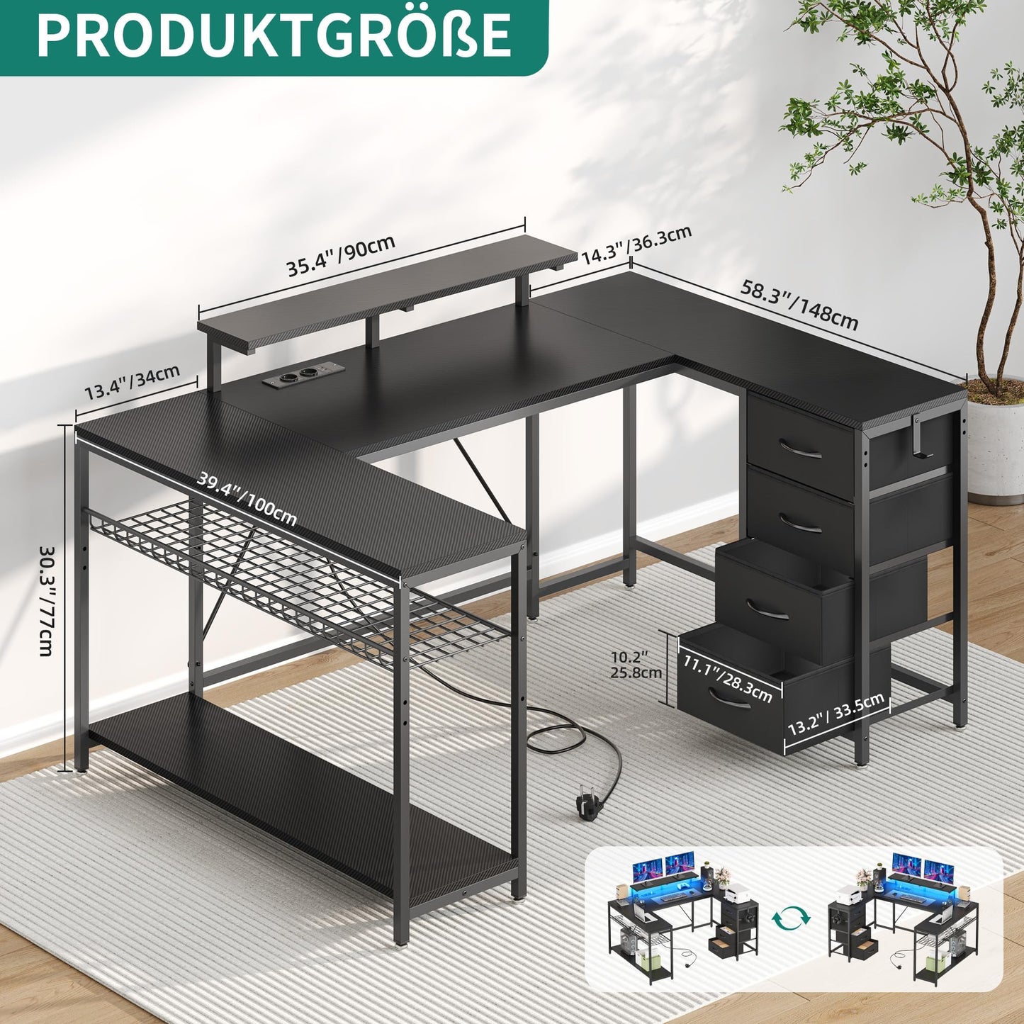 YITAHOME Eckschreibtisch 158x100 cm mit LED & Steckdosen, Schwarz