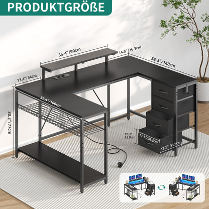 YITAHOME Eckschreibtisch 158x100 cm mit LED & Steckdosen, Schwarz