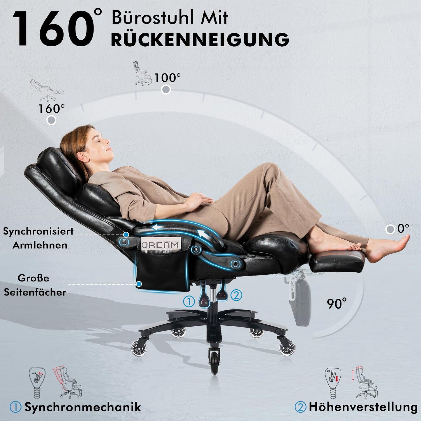 DEKKETO Chefsessel mit Fußstütze & Massagefunktion – PU Leder
