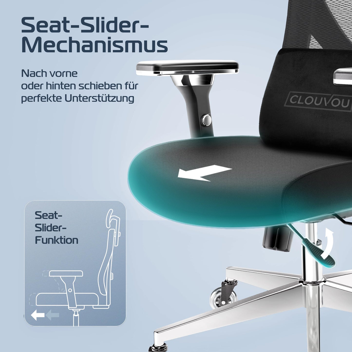 CLOUVOU CleverSeat Bürostuhl 150kg – Ergonomisch, 4D Armlehnen