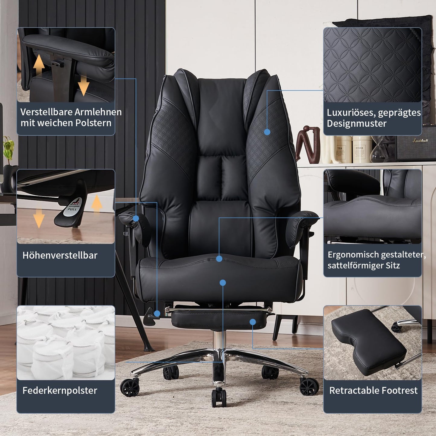 EXCEBET XXL Bürostuhl Ergonomisch 200kg mit Fußstütze & Taschenfederkern