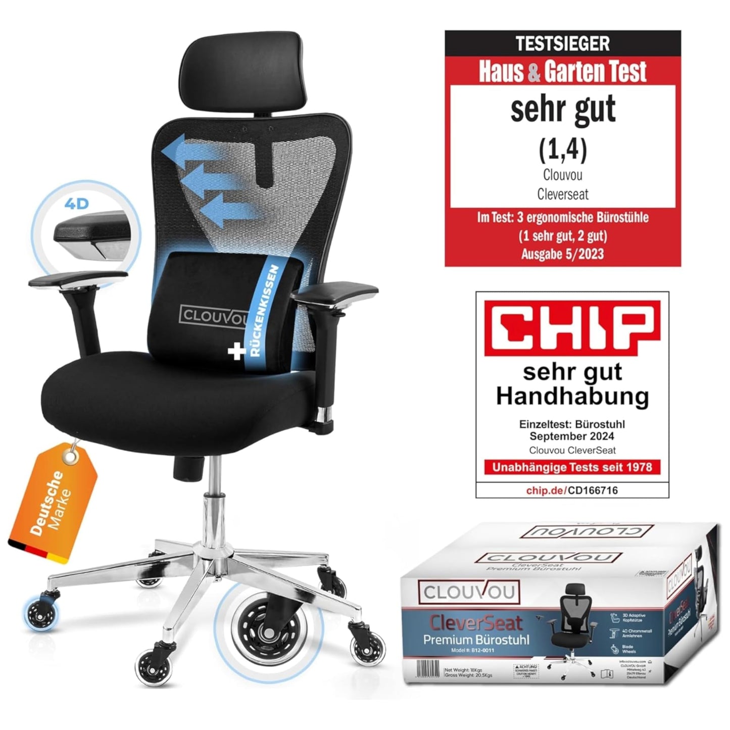 CLOUVOU CleverSeat Bürostuhl 150kg – Ergonomisch, 4D Armlehnen