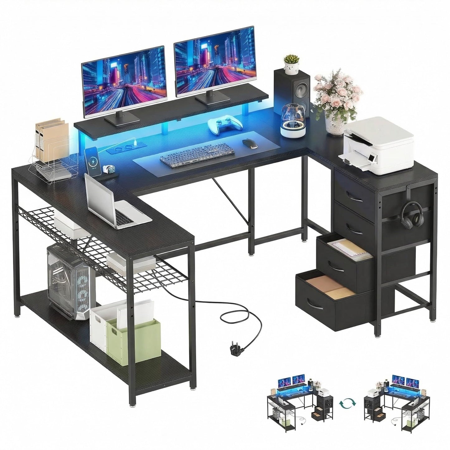 YITAHOME Eckschreibtisch 158x100 cm mit LED & Steckdosen, Schwarz