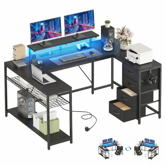 YITAHOME Eckschreibtisch 158x100 cm mit LED & Steckdosen, Schwarz