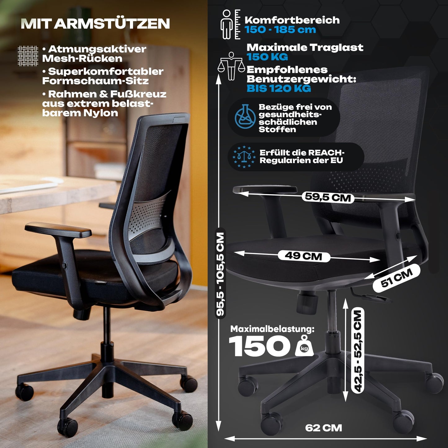 VALKENSTOL M2 Ergonomischer Bürostuhl mit Lendenwirbelstütze
