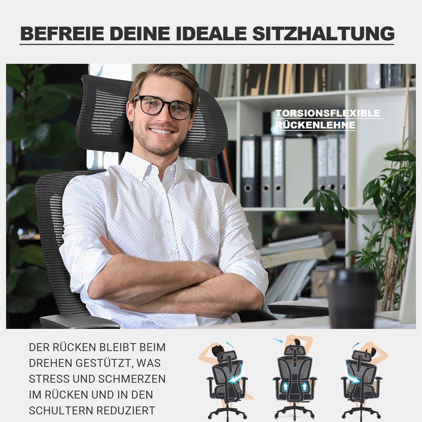 MELOKEA Ergonomischer Bürostuhl 200 kg, 4D-Armlehnen, 3D-Kopfstütze