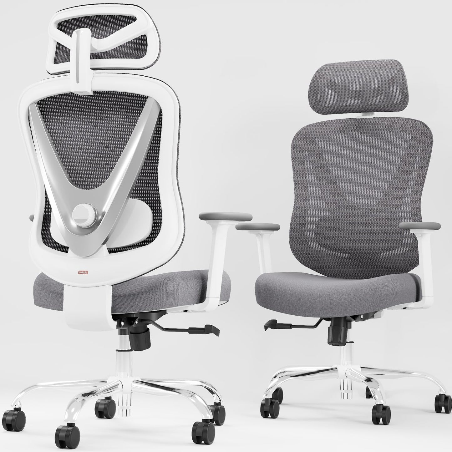 HOLLUDLE Ergonomischer Bürostuhl, 3D-Lendenstütze, 3D-Armlehnen, Weiß